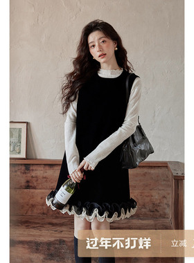 夕蒙2026新款春季韩系气质裙子高级感独特漂亮丝绒黑色背心连衣裙