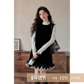 夕蒙2026新款 春季 韩系气质裙子高级感独特漂亮丝绒黑色背心连衣裙