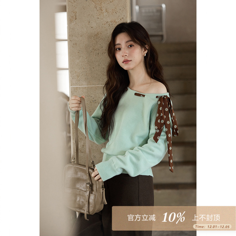 夕蒙2025新款秋冬韩系气质上衣小众设计感高级感小个子斜肩毛衣女