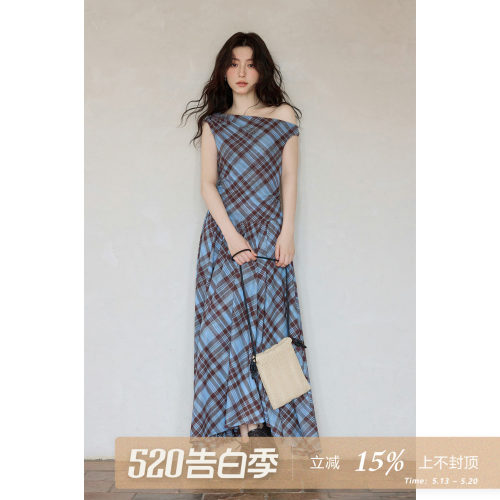 夕蒙2026新款夏季韩系甜辣漂亮裙子收腰斜肩蓝咖格纹a字连衣裙女