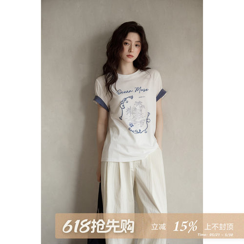 夕蒙2026新款夏季韩系休闲漂亮上衣松弛修身撞色印花圆领短袖t恤