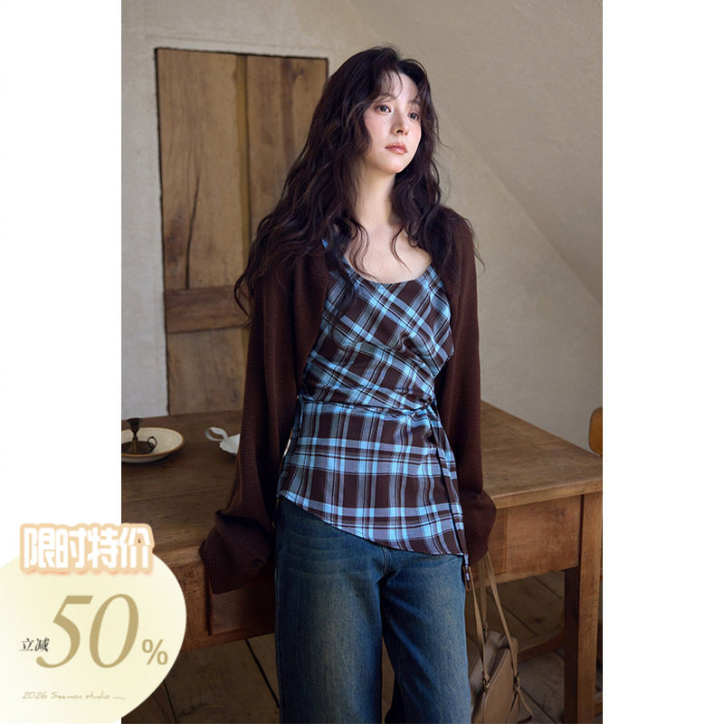 【立减50%】春秋韩系上衣小个子独特别致格纹衬衫针织外套两件套,女装/女士精品,时尚套装,淘宝优惠券,粉丝福利购,淘宝优惠卷