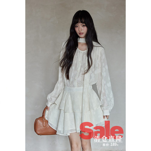 【清仓秒杀】早秋韩系气质裙子设计感小众别致绣花蛋糕裙摆连衣裙