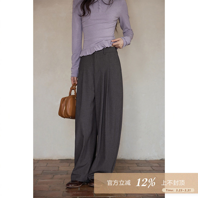 夕蒙2026新款春季韩系小个子裤子时尚洋气高级感阔腿灰色休闲裤女