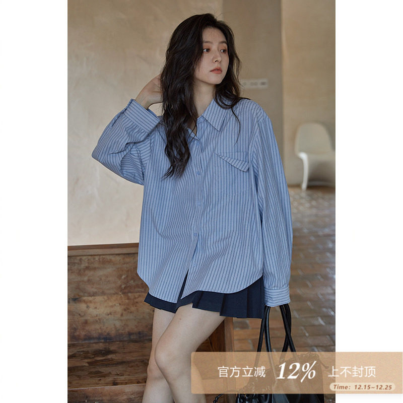 长袖衬衫设计感小众竖条纹宽松