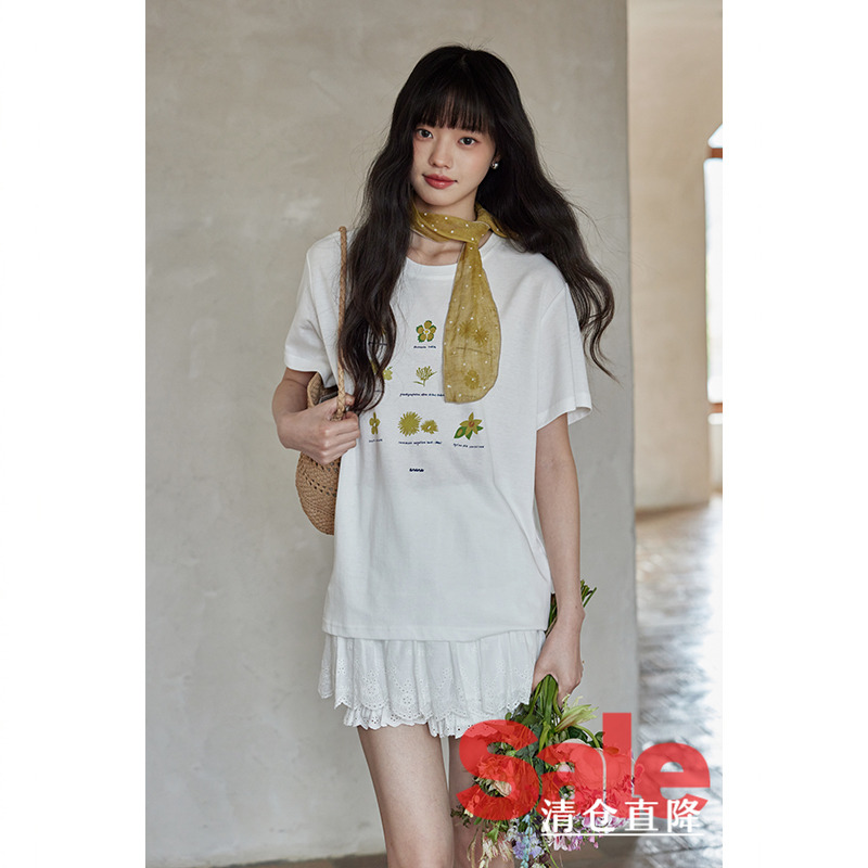 【直降清仓】夏独特漂亮上衣高级小众设计感绝美印花白色短袖t恤