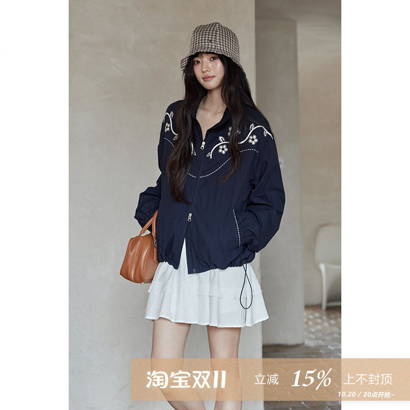 夕蒙2026新款秋季韩系气质上衣小个子小众高级短款设计感藏蓝外套