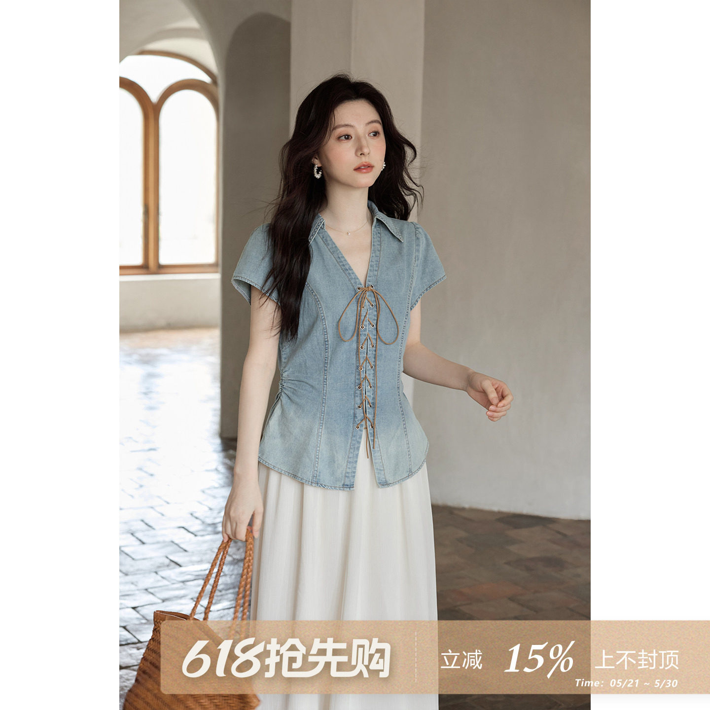 夕蒙2026新款夏季韩系气质别致上衣复古蓝色收腰系带短袖牛仔衬衫