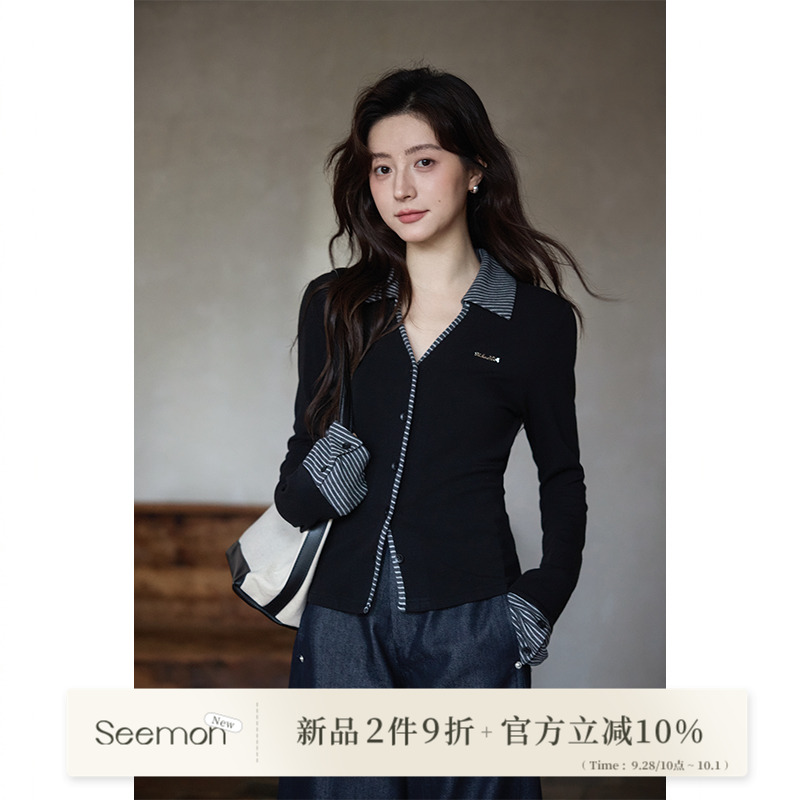 新品2件9折/秋韩系气质上衣小个子设计感小众黑色拼接v领t恤女