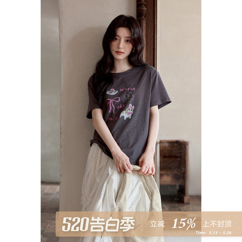 夕蒙2026新款夏季韩系好看上衣原创设计感印花深灰色圆领短袖t恤