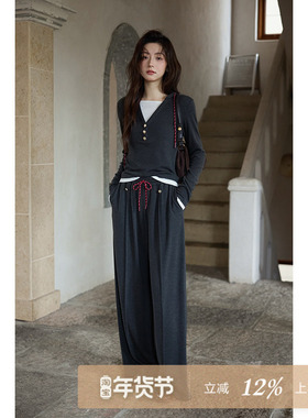 夕蒙2025新款秋韩系气质小个子假两件小众独特深灰色上衣裤子套装