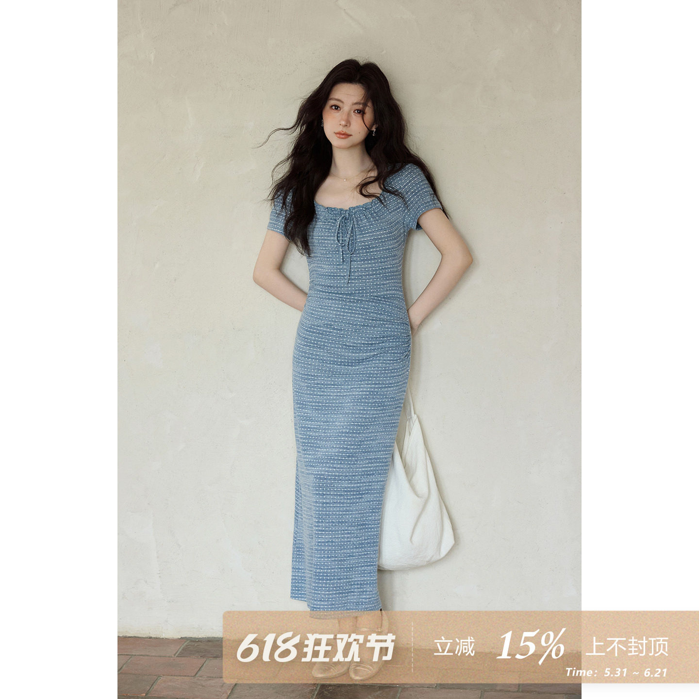 夕蒙2026新款夏季韩系绝美好看裙子蓝色波点收腰显瘦包臀连衣裙女