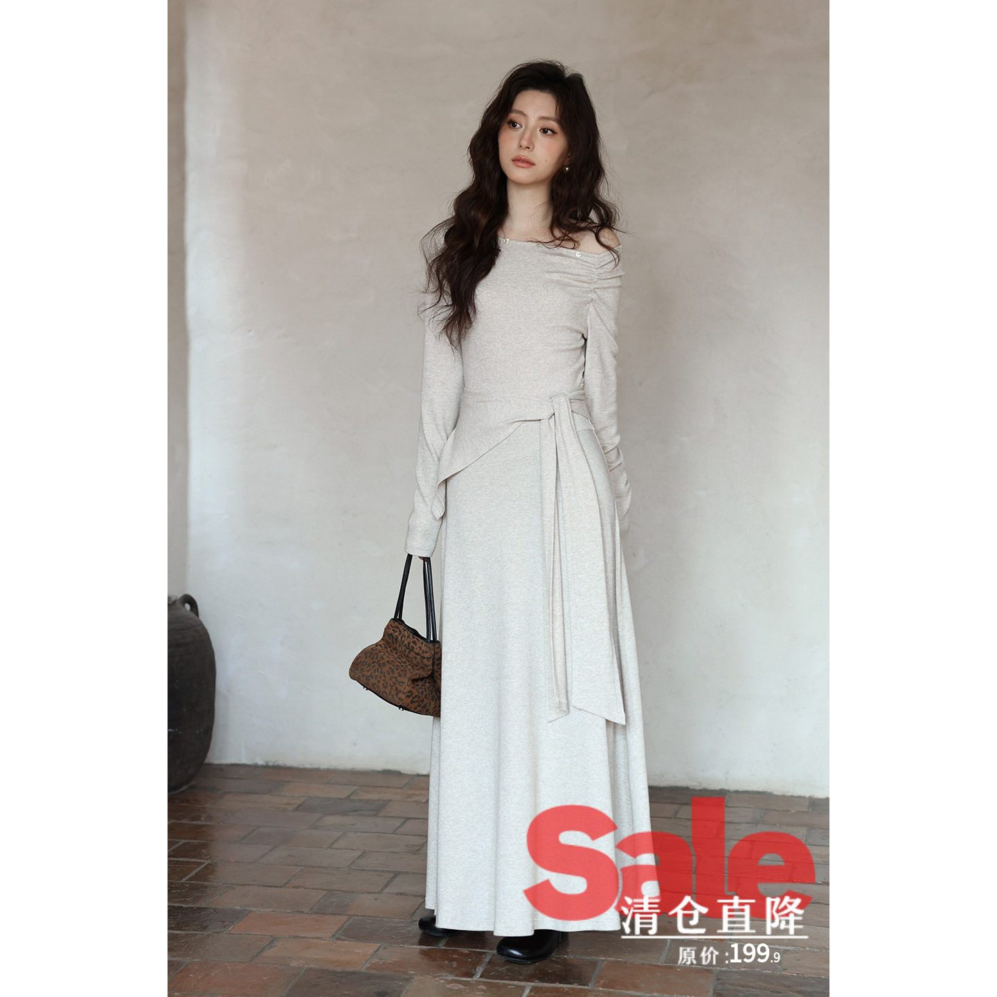 【清仓秒杀】春季韩系裙子高级感独特小个子巨好看斜肩长袖连衣裙