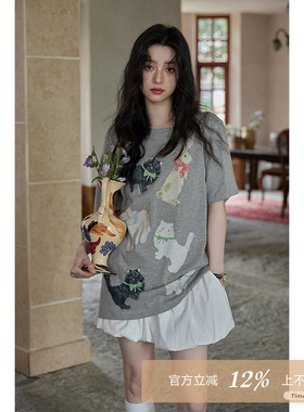 夕蒙2026新款春夏短袖宽松中长款小个子灰色设计感小众t恤上衣女