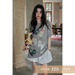 小个子灰色设计感小众t恤上衣女 宽松中长款 夕蒙2026新款 春夏短袖