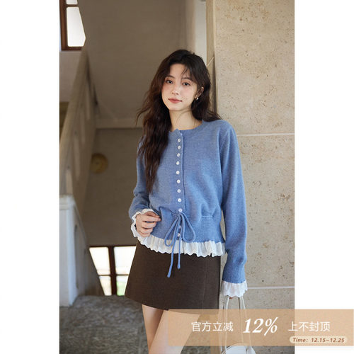 夕蒙2025新款秋冬韩系气质设计感上衣宽松蕾丝拼接慵懒高级感毛衣