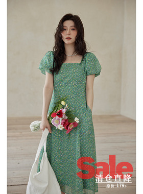【清仓秒杀】夏独特别致法式裙子小众小个子泡泡袖绿色碎花连衣裙