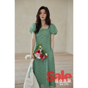 裙子小众小个子泡泡袖 夏独特别致法式 绿色碎花连衣裙 清仓秒杀