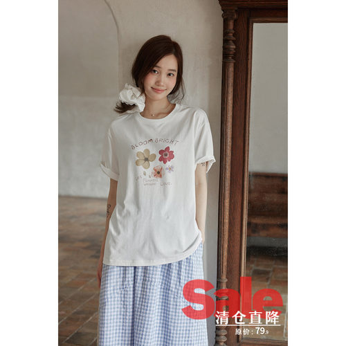 【清仓秒杀】夏季韩系时尚好看上衣宽松显瘦休闲白色印花短袖t恤