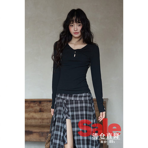 【清仓秒杀】秋韩系高级感chic别致上衣气质漂亮小众黑色修身t恤