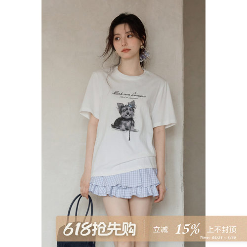 夕蒙2026新款春夏韩系气质上衣小众绝美独特小狗白色圆领短袖t恤