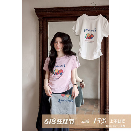 夕蒙2026新款夏季韩系独特小上衣原创设计感粉色掐腰短款短袖t恤