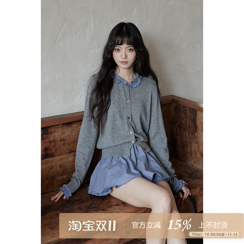 夕蒙2025新款早秋韩系气质上衣小个子薄款小众拼接长袖针织开衫女