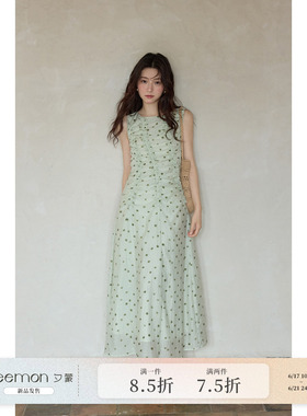 【夕蒙新品】夏季韩系好看裙子修身绿色波点木耳边无袖背心连衣裙