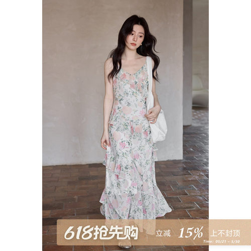 夕蒙2026新款夏季韩系裙子海边荷叶边粉绿色碎花长款吊带连衣裙女