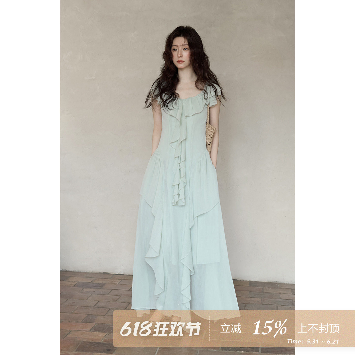夕蒙2026新款夏季韩系海边丁达尔裙子长款绿色荷叶边一字领连衣裙