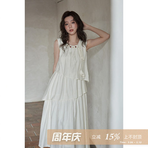 夕蒙2026新款夏气质裙子法式小个子无袖设计感小众不规则连衣裙女