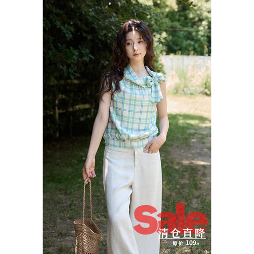 【夏末清仓】夏季韩系气质上衣蝴蝶结堆领格纹无袖背心露肩小衫女
