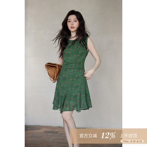 夕蒙法式小众不撞款裙子女夏季绿色掐腰碎花褶皱背心无袖连衣裙
