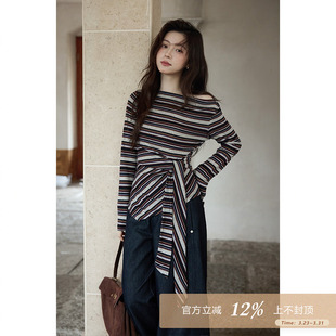 夕蒙2026新款 春秋韩系气质上衣小个子设计感斜肩洋气彩色条纹t恤