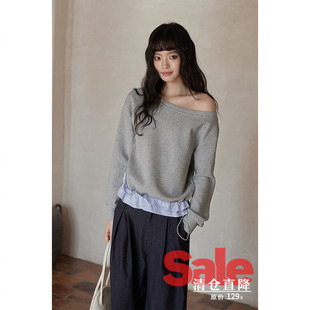 上衣小个子斜肩拼接抽绳长袖 韩系气质不撞衫 春季 t恤 清仓秒杀