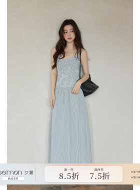 【夕蒙新品】夏季韩系气质裙子修身显瘦长款蓝色格子吊带连衣裙女