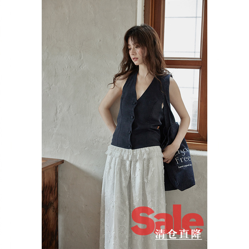 【直降清仓】夏韩系上衣气质小个子无袖小众短款藏蓝深v领背心女
