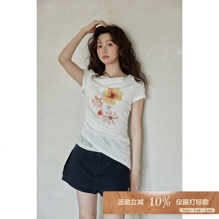 夕蒙2025新款 t恤女 夏韩系修身 上衣设计感小众假两件白色褶皱短袖