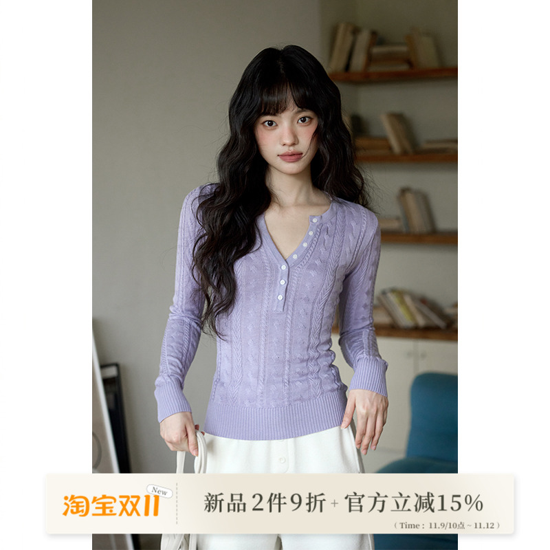 新品2件9折/冬季韩系气质针织衫小个子独特高级修身紫色V领毛衣