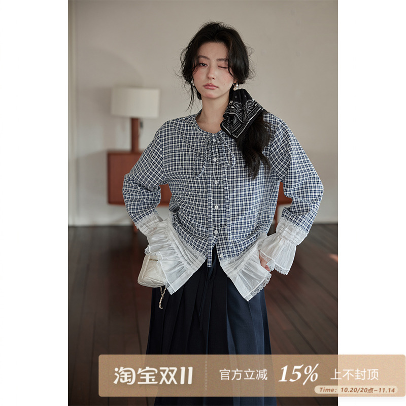 夕蒙2025秋季韩系上衣蕾丝拼接设计感小众气质蓝色格子长袖衬衫女