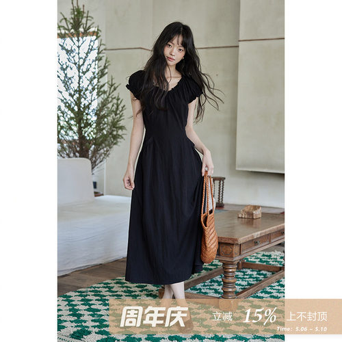 夕蒙2026新款夏韩系气质裙子小个子高级小众黑色收腰显瘦连衣裙女