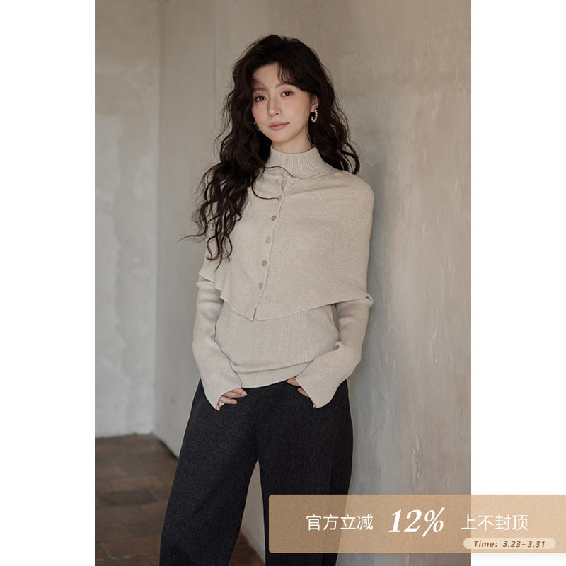 夕蒙2025新款冬季韩系巨好看针织衫设计感小个子毛衣披肩两件套女