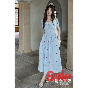 夏韩系气质裙子小个子小众独特蝴蝶结蓝色条纹连衣裙 清仓秒杀