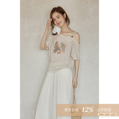 夕蒙2026新款夏季韩系休闲松弛好看上衣原创设计印花斜肩短袖t恤