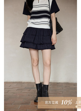 夕蒙2026新款春夏韩系气质好看裙子设计感短款蛋糕裙藏蓝色半身裙