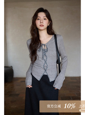 夕蒙2025新款秋小众别致不撞款上衣流行小众修身灰色系带长袖t恤