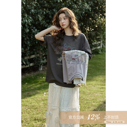 夕蒙2026新款夏韩系宽松慵懒风高级感上衣别致绝美小众短袖t恤女