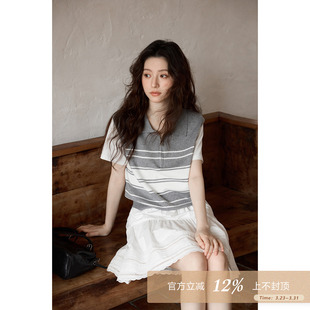 女 韩系气质上衣小众假两件半拉链灰白条纹针织衫 夕蒙2026新款 春季