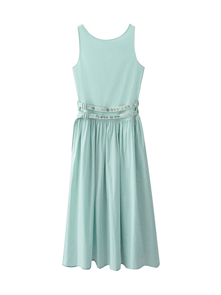Light mint sleeveless dress with a belted waist on a white background