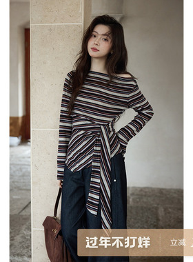 夕蒙2026新款春秋韩系气质上衣小个子设计感斜肩洋气彩色条纹t恤